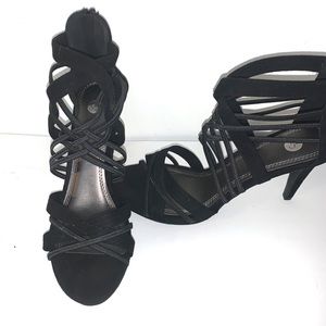 Strappy black suede heels
